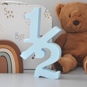 Half Birthday Photo Props for Babies, Wooden light blue 20cm &quot;1/2&quot; number sign for 6 Month Birthday Demi Anniversary Photo Shoot