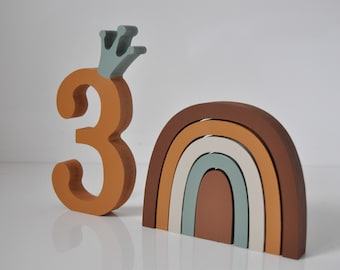 3th Birthday Photo Props Set | Brown 3 number with crown | Boho rainbow blocks | Rainbow themed birthday decor