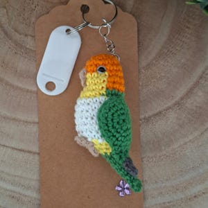 Llavero de Caique de Vientre Blanco - Llavero de pájaro hecho a mano en ganchillo - Regalo de pequeño animal para bolso - Loro
