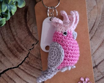 Galah Cockatoo Keychain - Handmade Crochet Bird Keyring – Small Animal Bag Charm Gift