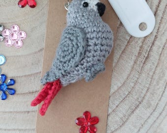 African Gray Parrot Keychain - Handmade Crochet Bird Keyring – Small Animal Bag Charm Gift