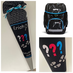 Schultüte die Fragezeichen, Schultüte drei Fragezeichen, Schultüte supbärheld, Genähte Schultüte, bestickte Schultüte passend zu ergobag
