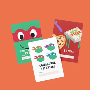 May include: Three Valentine's Day cards with Teenage Mutant Ninja Turtles themes. One card is green with a red mask and says "You're Awe" with a space for a name. Another is red with a pizza and says "Be Mine". The third card says "Cowabunga Valentine".