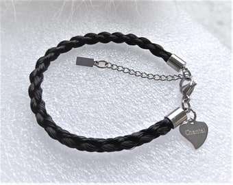 ENGRAVED Horse Hair Braid bracelet with SILVER stainless steel ends, clasp