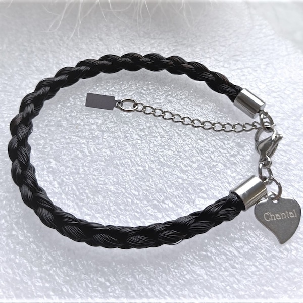 ENGRAVED Horse Hair Braid bracelet with SILVER stainless steel ends, clasp