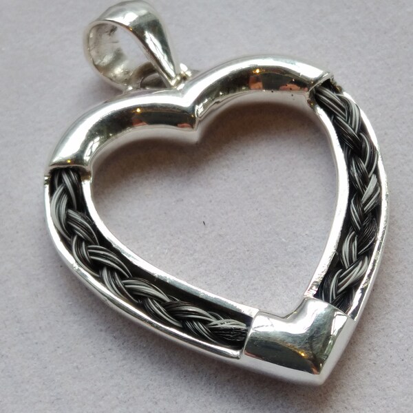 HEART Pendant with two braids of your own horses hair with or without chain .925 Sterling Silver