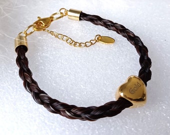 HORSE HAIR Braid bracelet with stainless steel ends, clasp and ENGRAVED Heart Bead Colour: Gold