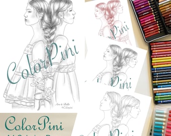 Ara & Bella Coloring Page: Hand-Drawn Illustration, 4 Styles (PDF Download)