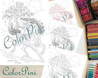 THE GOLDEN HORSE:  Adult Coloring Page Hand-Drawn Illustration (pdf Download, 4 Styles)