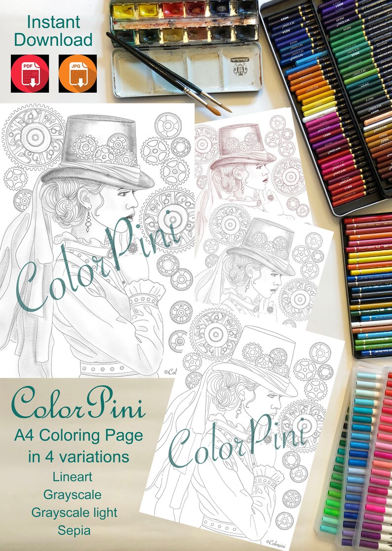 steampunk riddle colorpini printable adult coloring page