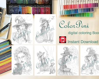 WITCHES Volume 6 : Printable Adult Coloring Book Hand-Drawn Grayscale and Line Art (PDF Download)