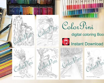 MAGICAL WORLD 2: Printable Adult Coloring Book Hand-Drawn Grayscale & Line Art (PDF Download)