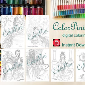 May include: A collection of digital coloring books with intricate illustrations, featuring figures in various scenes. The image includes the text "Color Pini" and "digital coloring book, instant download". Various colored pencils and watercolor supplies are also visible.