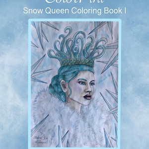 May include: A colouring book cover titled "Color Pini Snow Queen Coloring Book I." The illustration features a woman with blue hair and a crown, wearing a fur-like shawl. The background has a light blue watercolour effect with ice shard accents.
