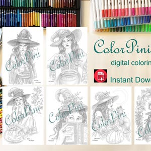 May include: A digital coloring book titled ColorPini featuring six black and white line art illustrations of witches in various settings, surrounded by sets of colored pencils and markers, with a red PDF icon and the text Instant Download.