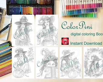 WITCHES Volume 7 : Printable Adult Coloring Book Hand-Drawn Grayscale and Line Art (PDF Download)