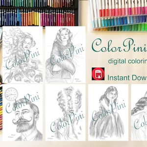 Op de afbeelding: Een verzameling digitale kleurboekpagina's met gedetailleerde grijswaarden illustraties van vrouwen en een man, samen met kunstbenodigdheden. De tekst "Color Pini" en "digitaal kleurboek" zijn zichtbaar. De afbeelding bevat ook kleurpotloden, aquarelverf en stiften.