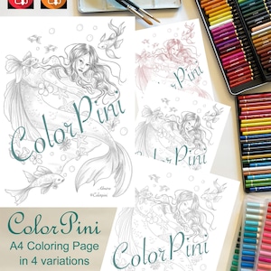May include: A collection of mermaid coloring pages with the text "Color Pini" in various grayscale and sepia tones. The image includes colored pencils, watercolor paints, and the words "Instant Download".