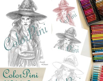 AMANDA Witch Printable Coloring Page: Hand-Drawn Illustration, 4 Styles (PDF Download)
