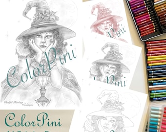 WITCHFUL THINKING Printable Coloring Page: Hand-Drawn Illustration, 4 Styles (PDF Download)
