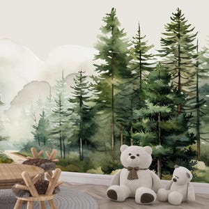 Woodland Wallpaper Nursery Removable Green Forest Wall Mural Mountain Wallpaper Roll Kids Room, Watercolor Nature Wall Paper Realistic