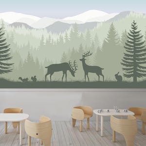 Green Forest Nursery Wallpaper – Woodland Animals Mural for Kids Removable, Deer, Rabbit, Squirrel Wall Decor, Ombre Mountain Wall Roll