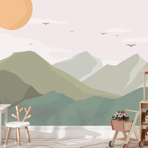 Mountain Landscape Wallpaper – Minimalist Kids Room Mural, Soft Pastel Nature Wall Art, Calm Nursery Decor, Scandi Style Green Landscape image 3