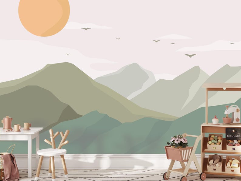 Mountain Landscape Wallpaper – Minimalist Kids Room Mural, Soft Pastel Nature Wall Art, Calm Nursery Decor, Scandi Style Green Landscape image 3