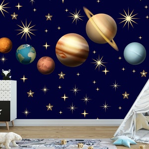 Solar System Wallpaper Kids, Space Large Wall Mural Nursery, Starry Night Sky Wallpaper Removable, Planets  Stars Children Wall Decor