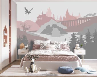 Wizard Castle Wallpaper Nursery – Removable Magical Castle Mural, Peel and Stick Fairy Tale Wall Decor Girls Room or Playroom, Grey Forest