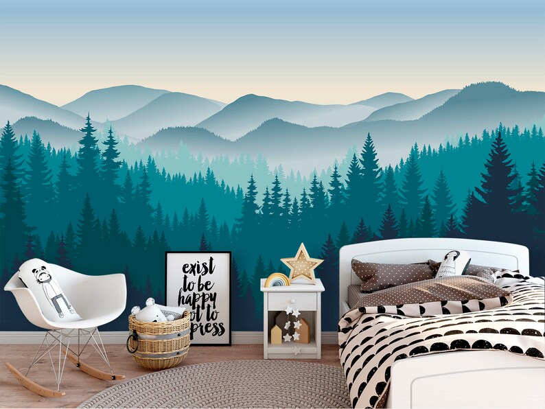 Mountain Nursery Wallpaper Forest Wall Mural Boys Room Blue - Etsy