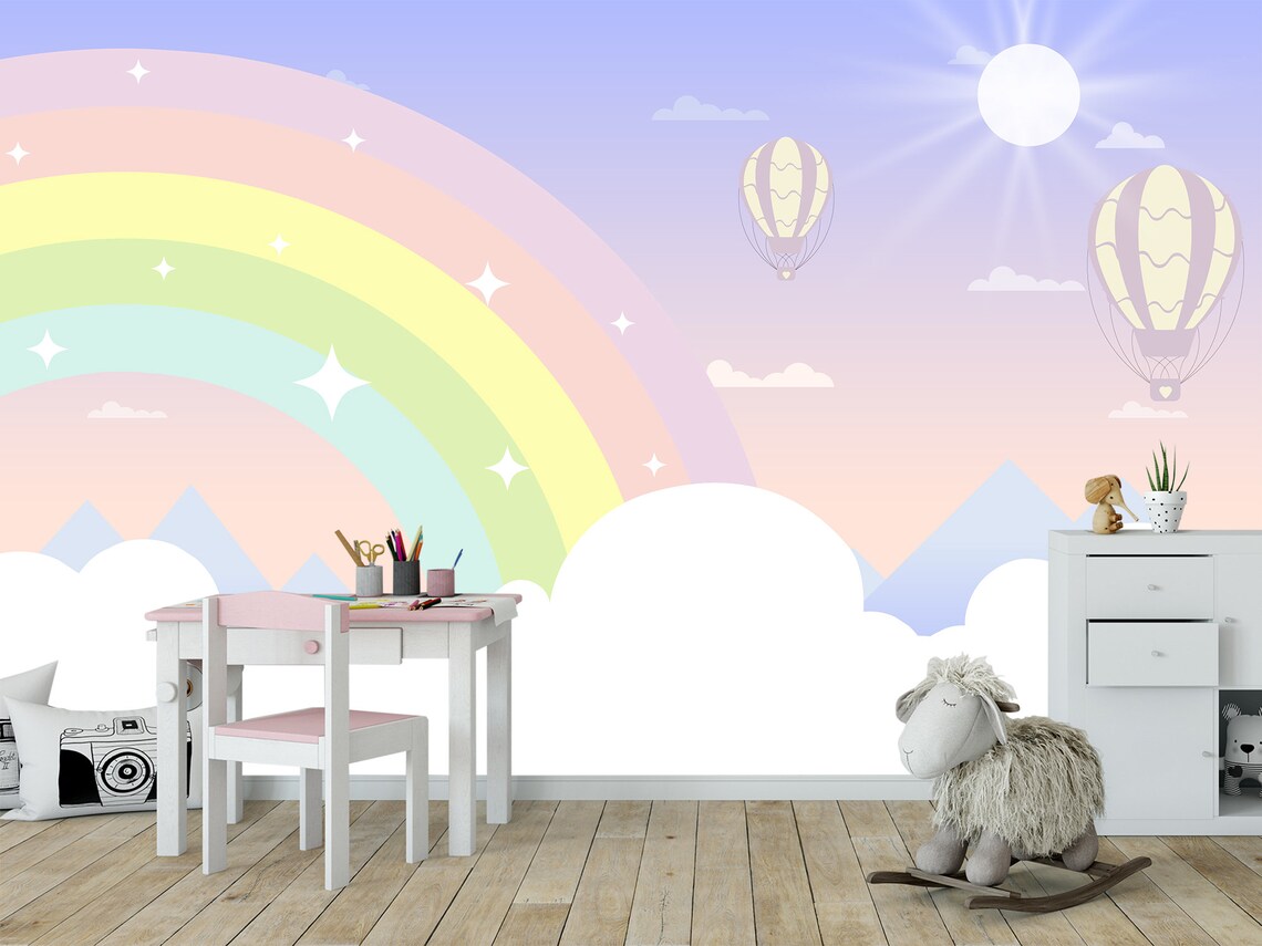 Rainbow Wallpaper Baby Girl Room Large Rainbow With Clouds Etsy