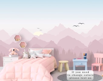 Mountains Wallpaper Girl Room Removable Pine Tree Forest Wall Mural Pastel Wallpaper Nursery Pink Ombre Wallpaper Landscape Kids Ecofriendly