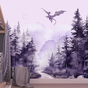 Dragon Wallpaper Nursery – Magical Forest Purple Mural for Boys Room, Removable Fairy Tale Wall Paper, Woodland Fantasy Kids Decor, Moon Sky