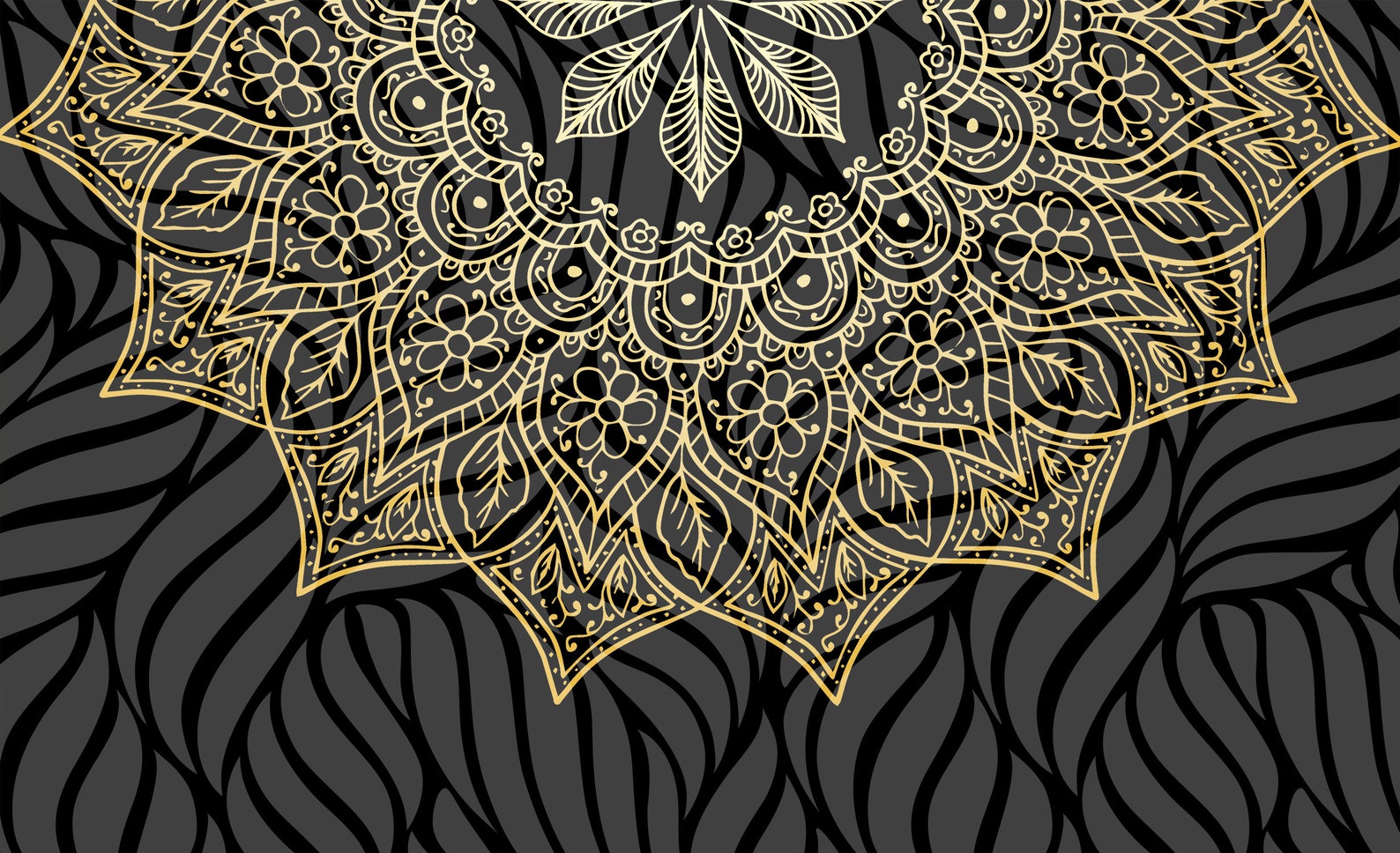Black Wallpaper With Metallic Gold Mandala Flower Half Etsy