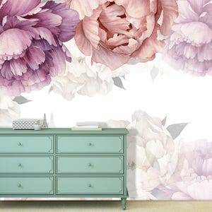 Watercolor Peony Wallpaper on White Background. Peonies Wall Mural Girl Room Decor. Purple Peony Flowers Wallpaper Nursery. Floral Wallpaper image 2