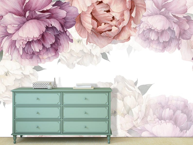 Watercolor Peony Wallpaper on White Background. Peonies Wall Mural Girl Room Decor. Purple Peony Flowers Wallpaper Nursery. Floral Wallpaper image 2