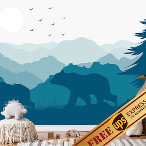 Bear Family Wallpaper for Boys Room Removable. Woodland Accent Wall Kids. Blue Ombre Mountain Wall Mural Nursery. Animals Wall Decor JK1090