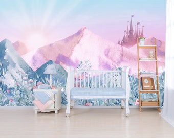 Mountain Wallpaper Nursery, Castle Wall Mural Kids Room, Sunrise Princess Wallpaper, Pink Mountains with Sun Toddler Room, Floral Wall Mural