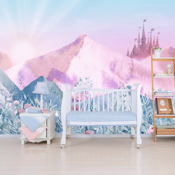 Mountain Wallpaper Nursery, Castle Wall Mural Kids Room, Sunrise Princess Wallpaper, Pink Mountains with Sun Toddler Room, Floral Wall Mural