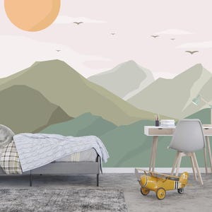 Mountain Landscape Wallpaper – Minimalist Kids Room Mural, Soft Pastel Nature Wall Art, Calm Nursery Decor, Scandi Style Green Landscape image 1