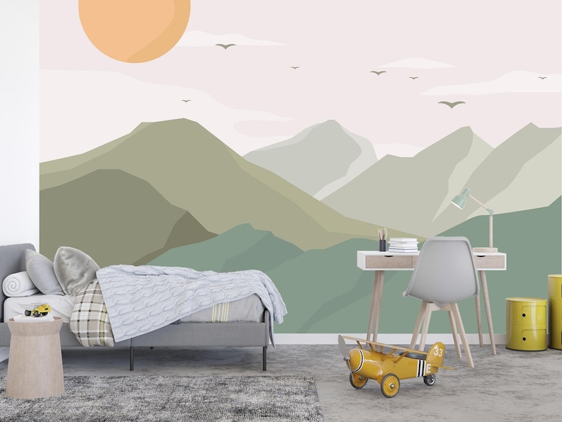 Mountain Landscape Wallpaper – Minimalist Kids Room Mural, Soft Pastel Nature Wall Art, Calm Nursery Decor, Scandi Style Green Landscape image 1