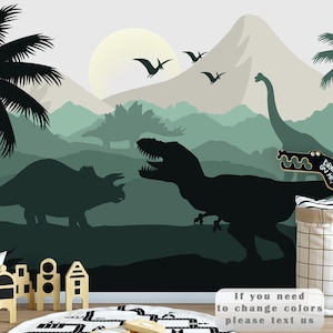 Dinosaur Wallpaper Nursery Boy Room Decor, Green Dino Wall Mural Peel Stick, Jungle, Tropical Wallpaper Kids, Jurassic World Mural Mountains