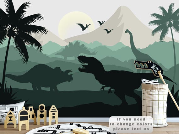 Dinosaur Wallpaper Nursery Boy Room Decor, Green Dino Wall Mural Peel Stick, Jungle, Tropical Wallpaper Kids, Jurassic World Mural Mountains