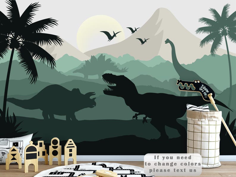 Dinosaur Wallpaper Nursery Boy Room Decor, Green Dino Wall Mural Peel Stick, Jungle, Tropical Wallpaper Kids, Jurassic World Mural Mountains image 1
