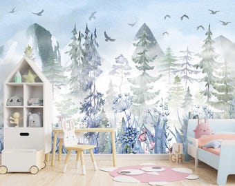 Woodland  Wallpaper Nursery, Mountain Wall Mural Boys Room, Scandi Forest Wallpaper Removable Kids Room, Watercolor, Pine Tree Nursery Decor