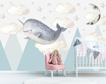 Narwhal Wallpaper for Nursery Removable, Sea Animals Wallpaper Self Adhesive, Blue Mountains Wall Mural, Watercolor Clouds Wall Art JK511