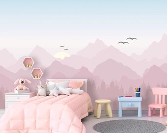 Mountains Wallpaper Girl Room Removable Pine Tree Forest Wall Mural Pastel Wallpaper Nursery Pink Ombre Wallpaper Landscape Kids Ecofriendly
