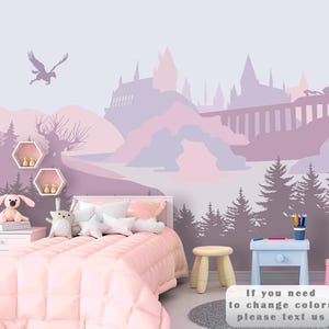 Wizard Castle Wallpaper Nursery Removable, Magical Castle for Kids Room Self Adhesive, Lavander Wallpaper Playroom, Woodland Wallpaper