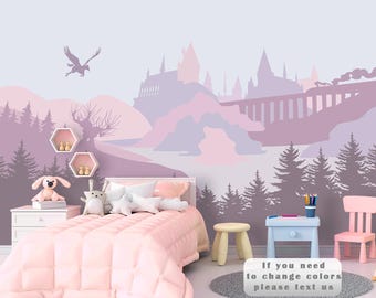 Wizard Castle Wallpaper Nursery Removable, Magical Castle for Kids Room Self Adhesive, Lavander Wallpaper Playroom, Woodland Wallpaper